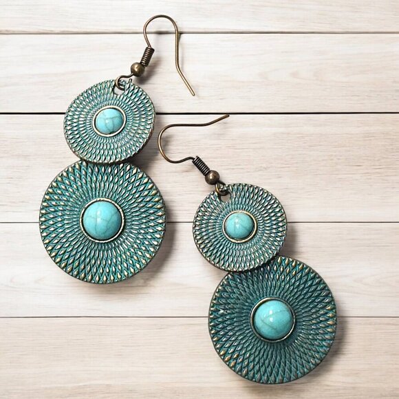 Boho Tribal Style Patina Turquoise Dangle Earrings Gypsy Style Mixed Metal - Picture 9 of 9